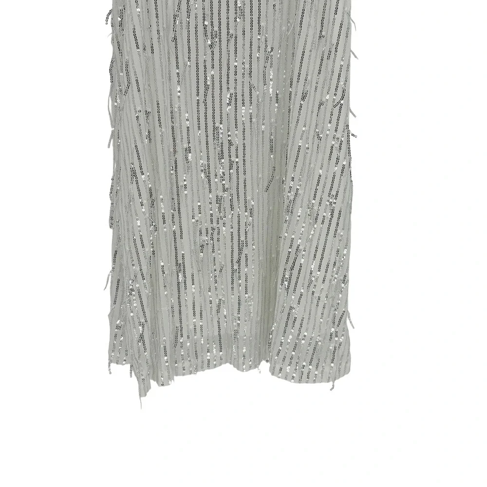 EXARUS Girls White Silver Sequin‎ Fringe Dress Feather Straps Size 14Y Hair Bow